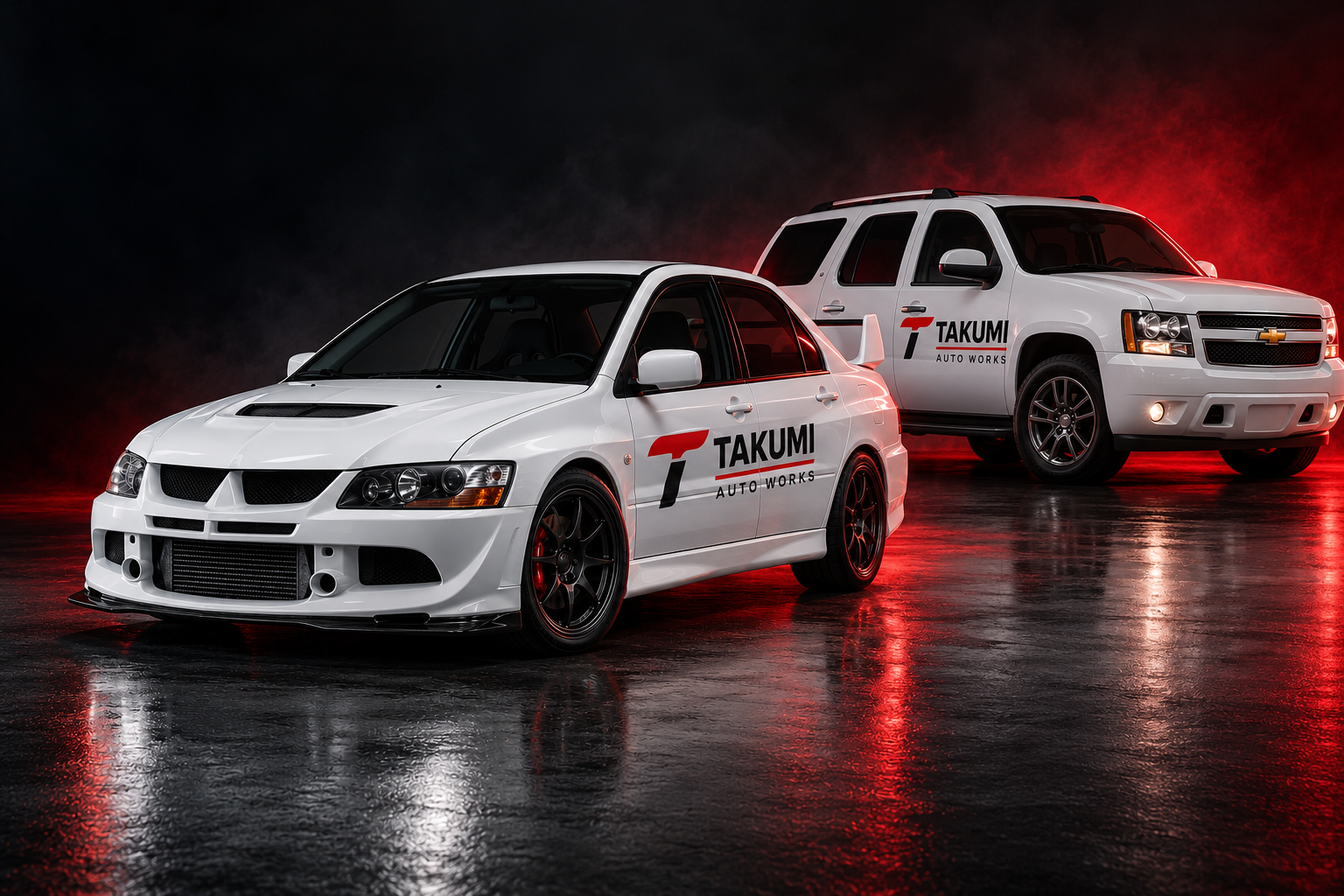 Illustration of a white Mitsubishi Evolution VIII and a white GMT900 Chevrolet Tahoe with Takumi Auto Works door decals